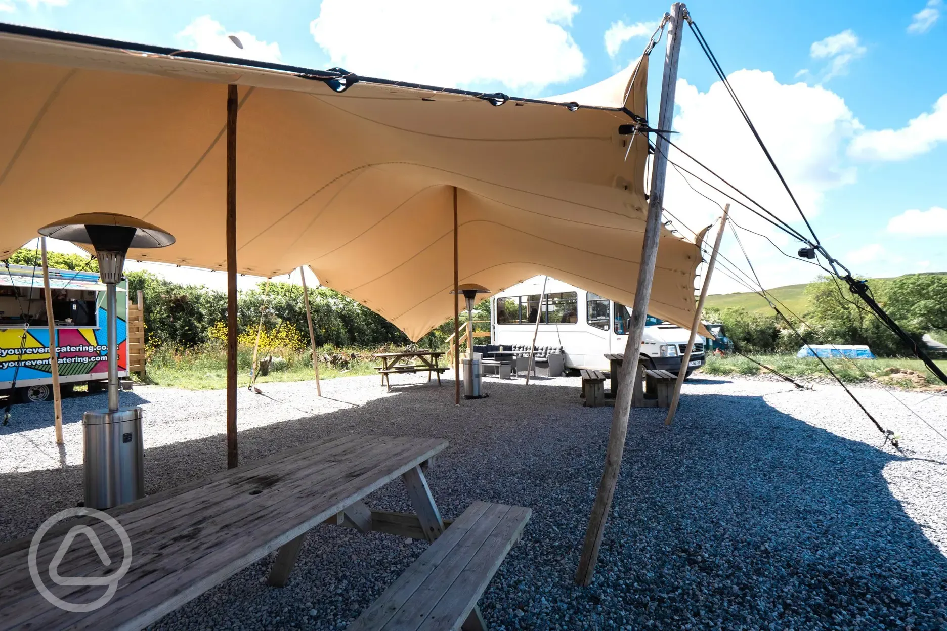 Outdoor seating area of converted bus bar