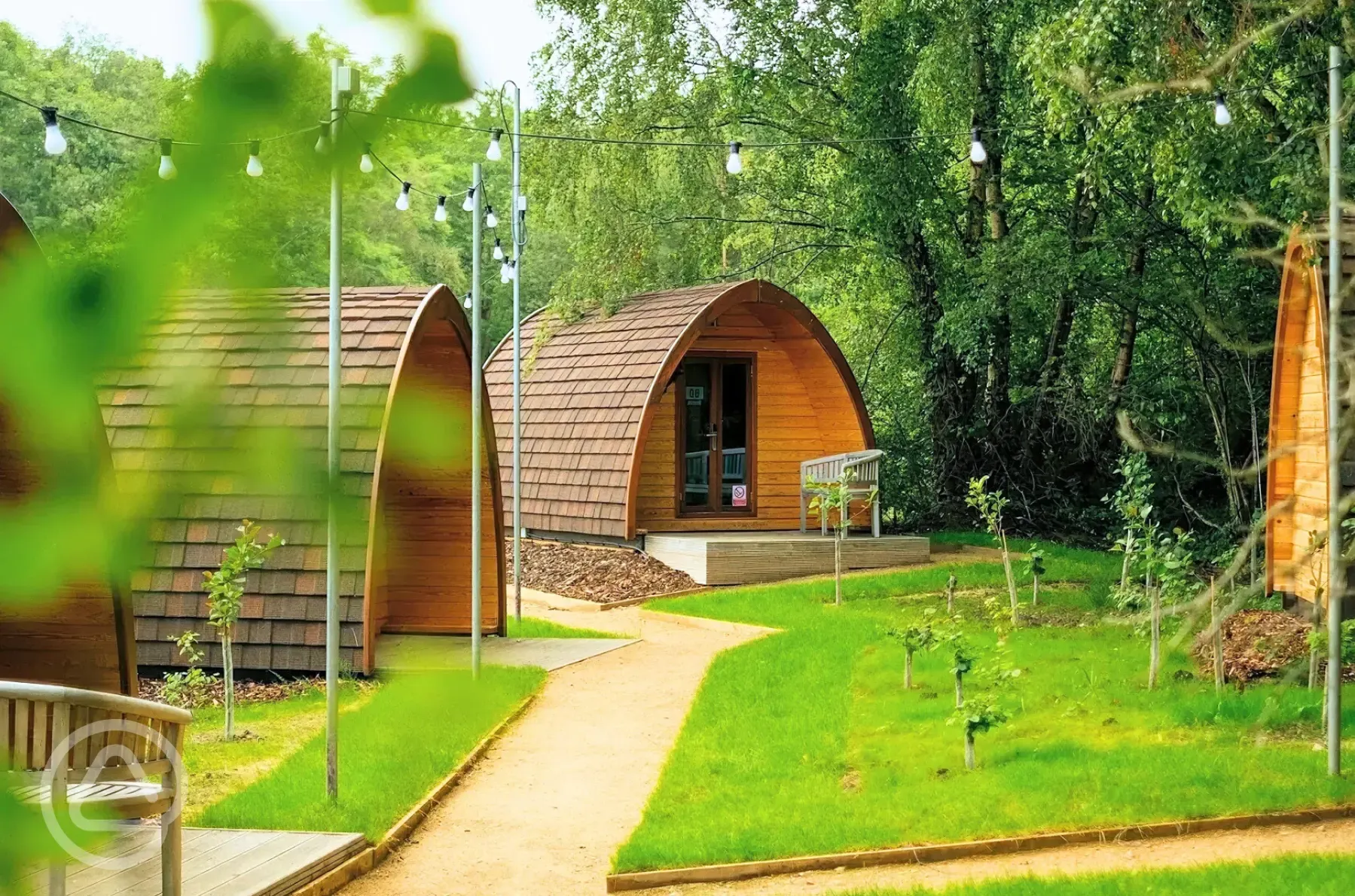 Woodland camping pods at Adventure Parc Snowdonia with fairy lights