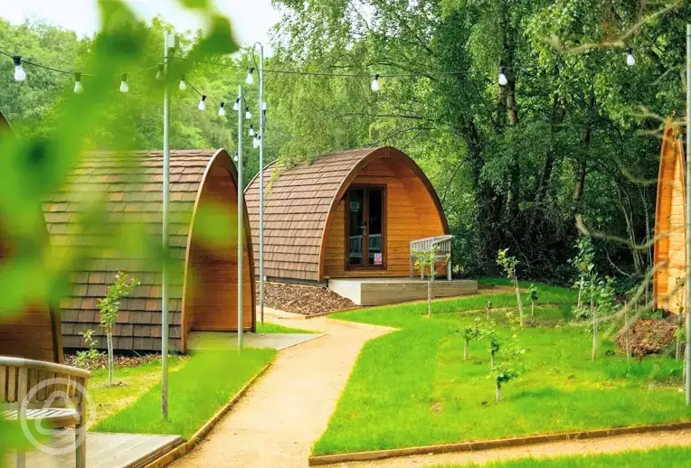 Woodland camping pods at Adventure Parc Snowdonia with fairy lights