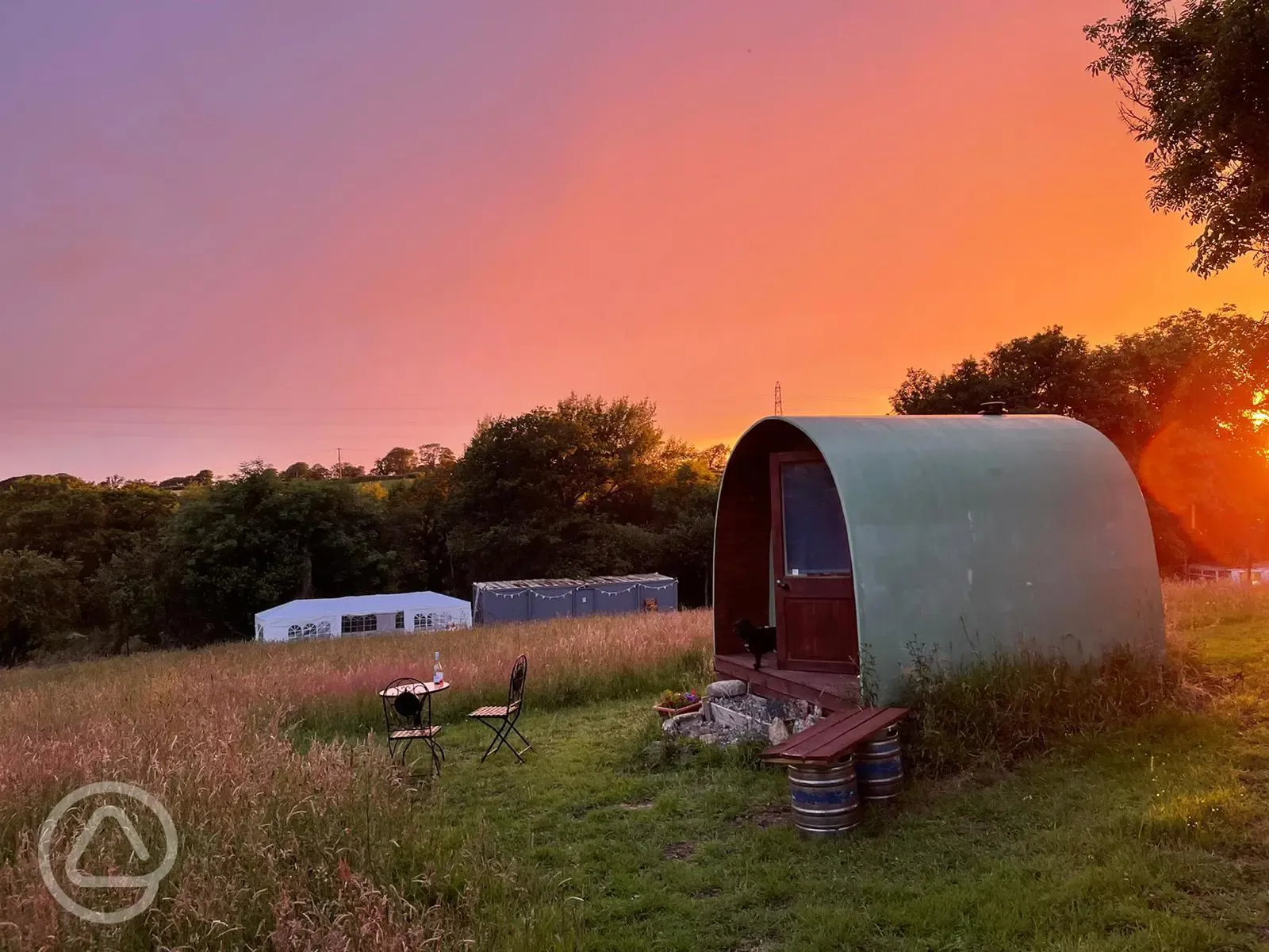 Camping pod at sunset