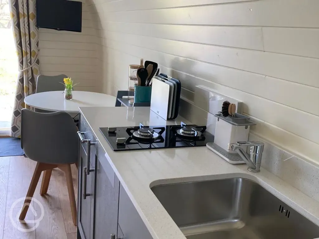 Luxury ensuite glamping pod fully-equipped kitchen 