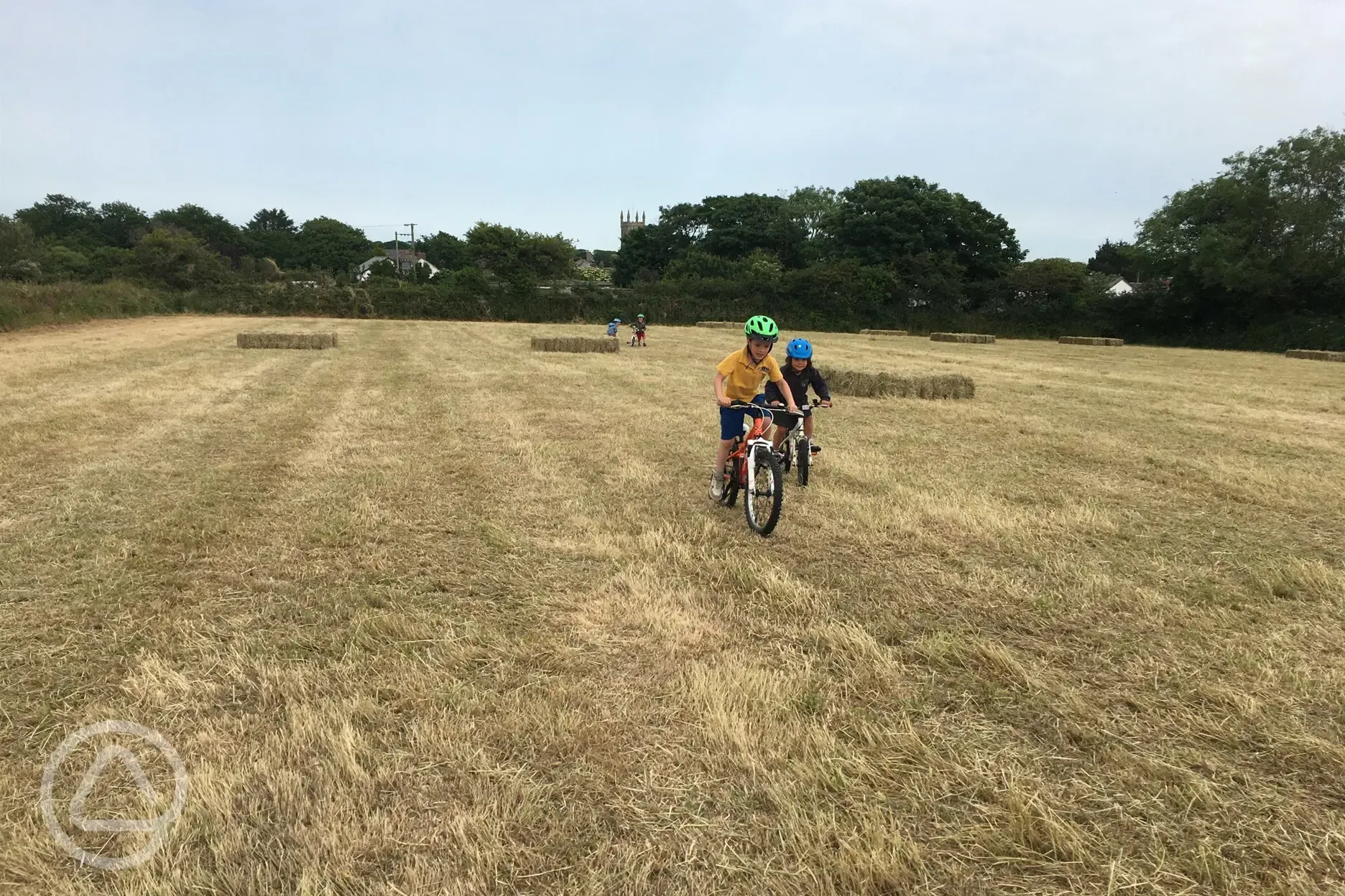 Children in spacious meadows after the grass has been cut 