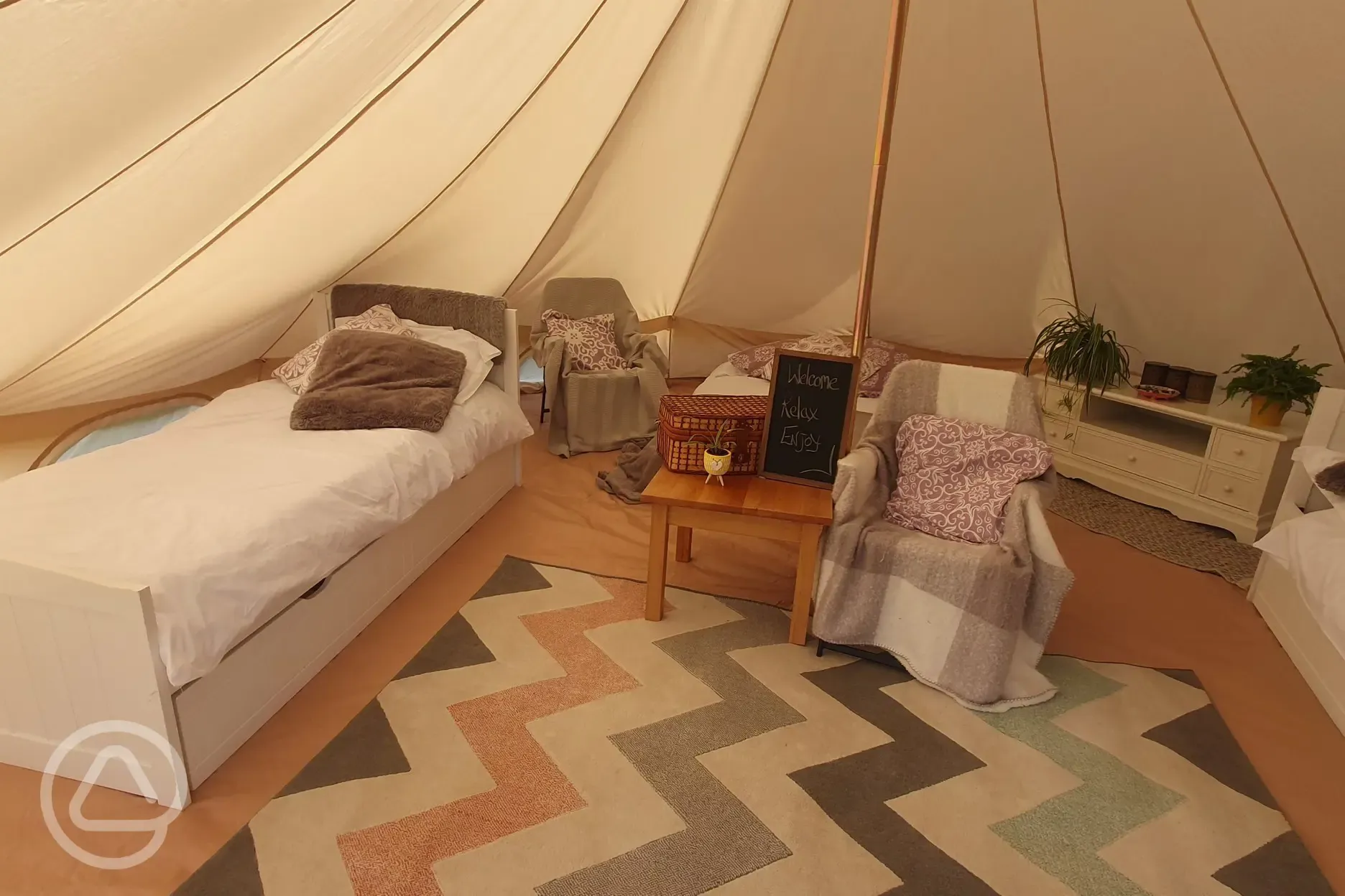 Furnished bell tent interior 