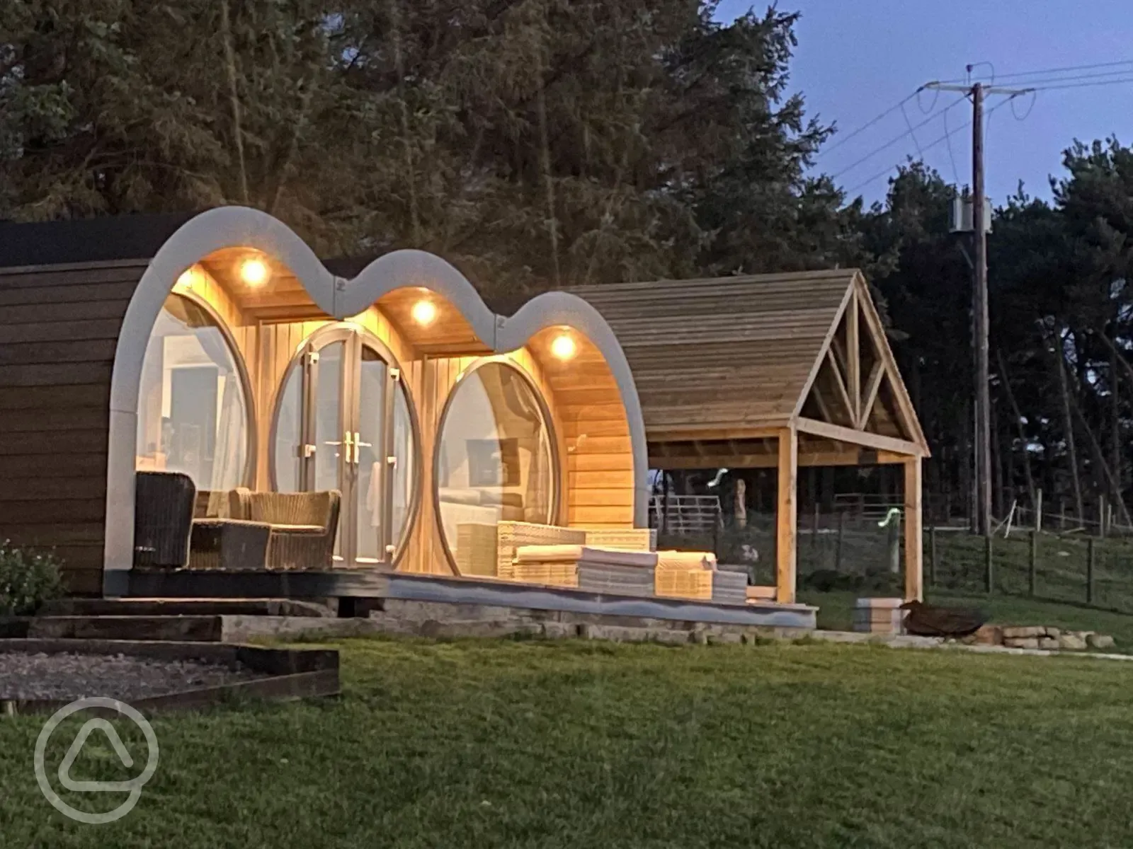 Glamping pods at night