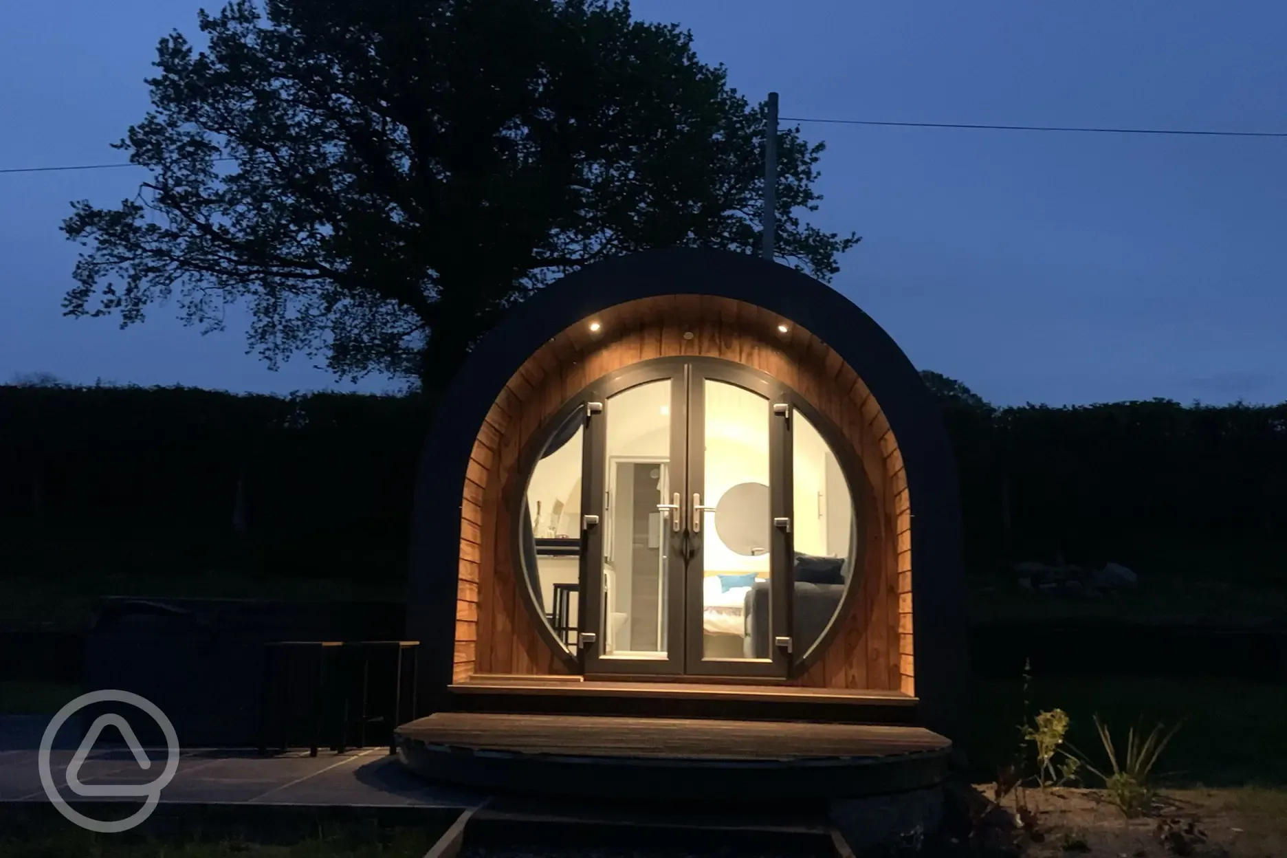 Glamping pods at night