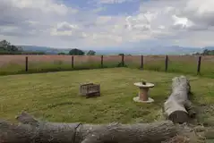 Shepherd's hut fire pit and seating