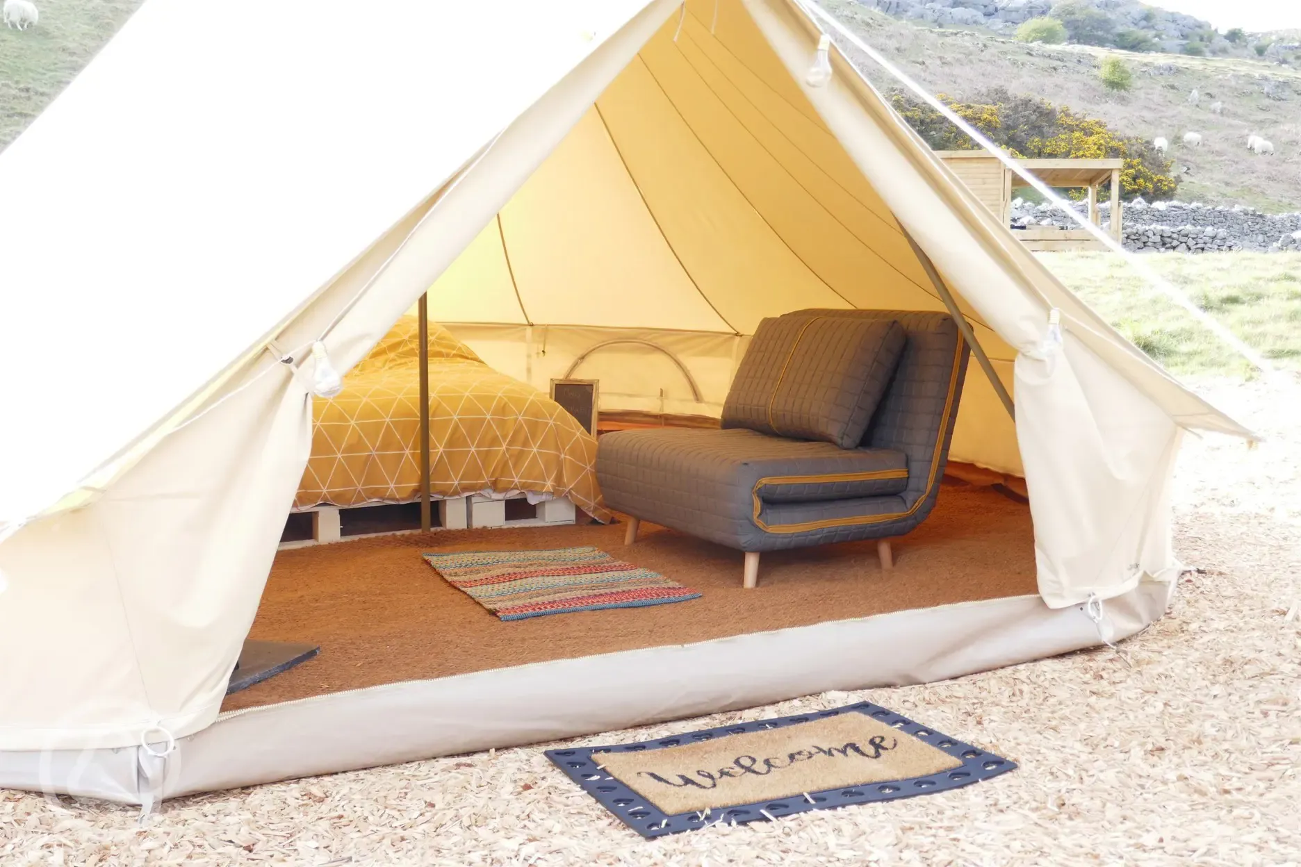 Bell tent interior - couples setup