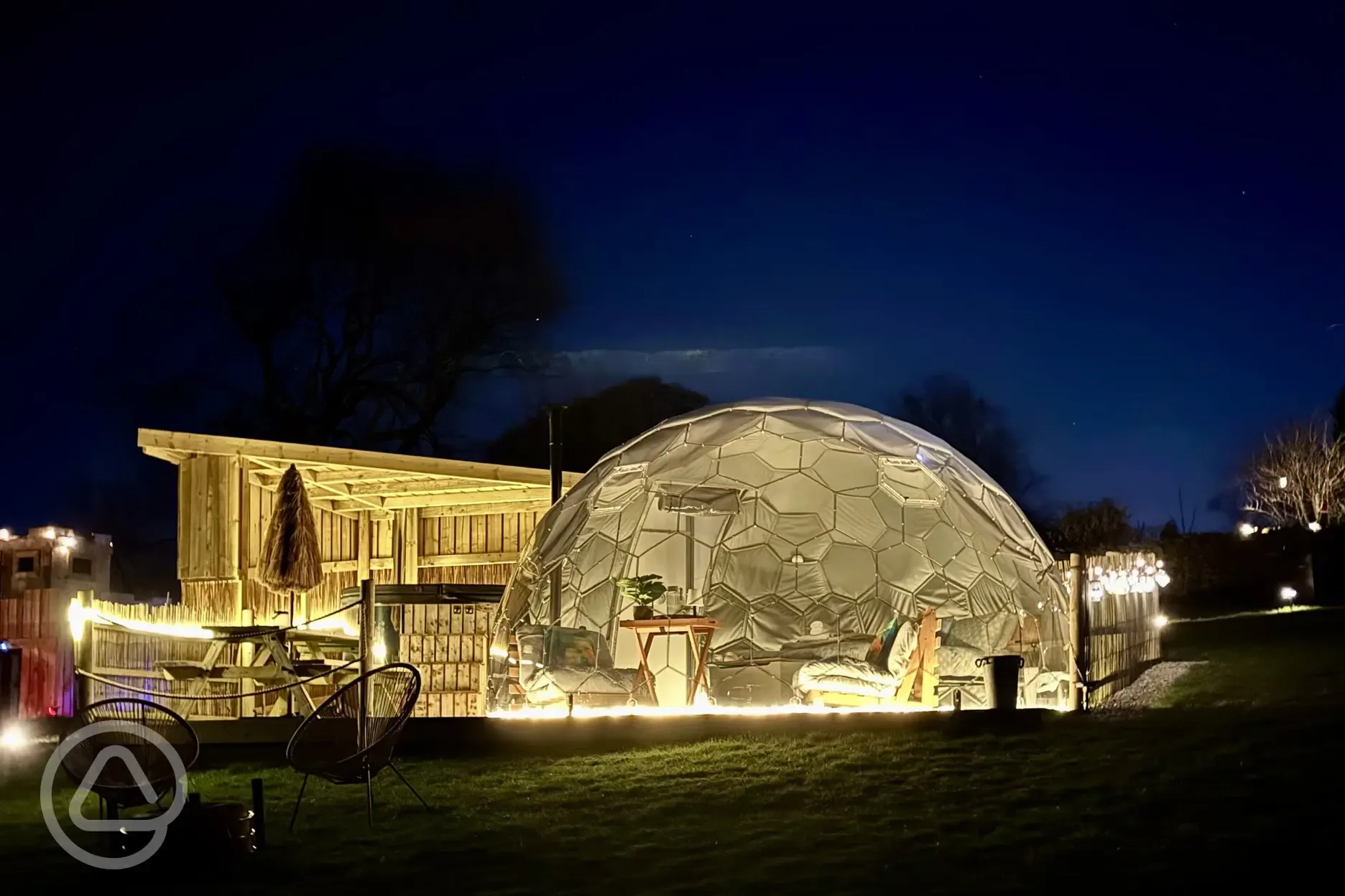 Glamping dome at night