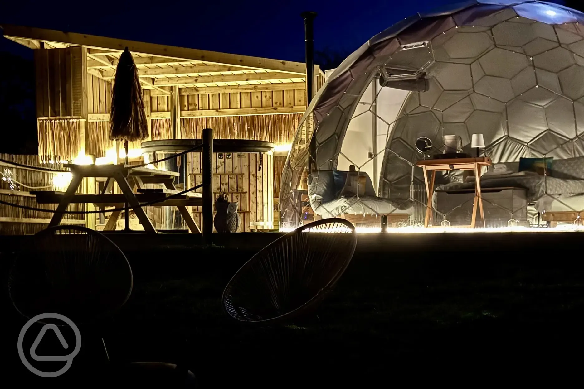 Glamping dome at night