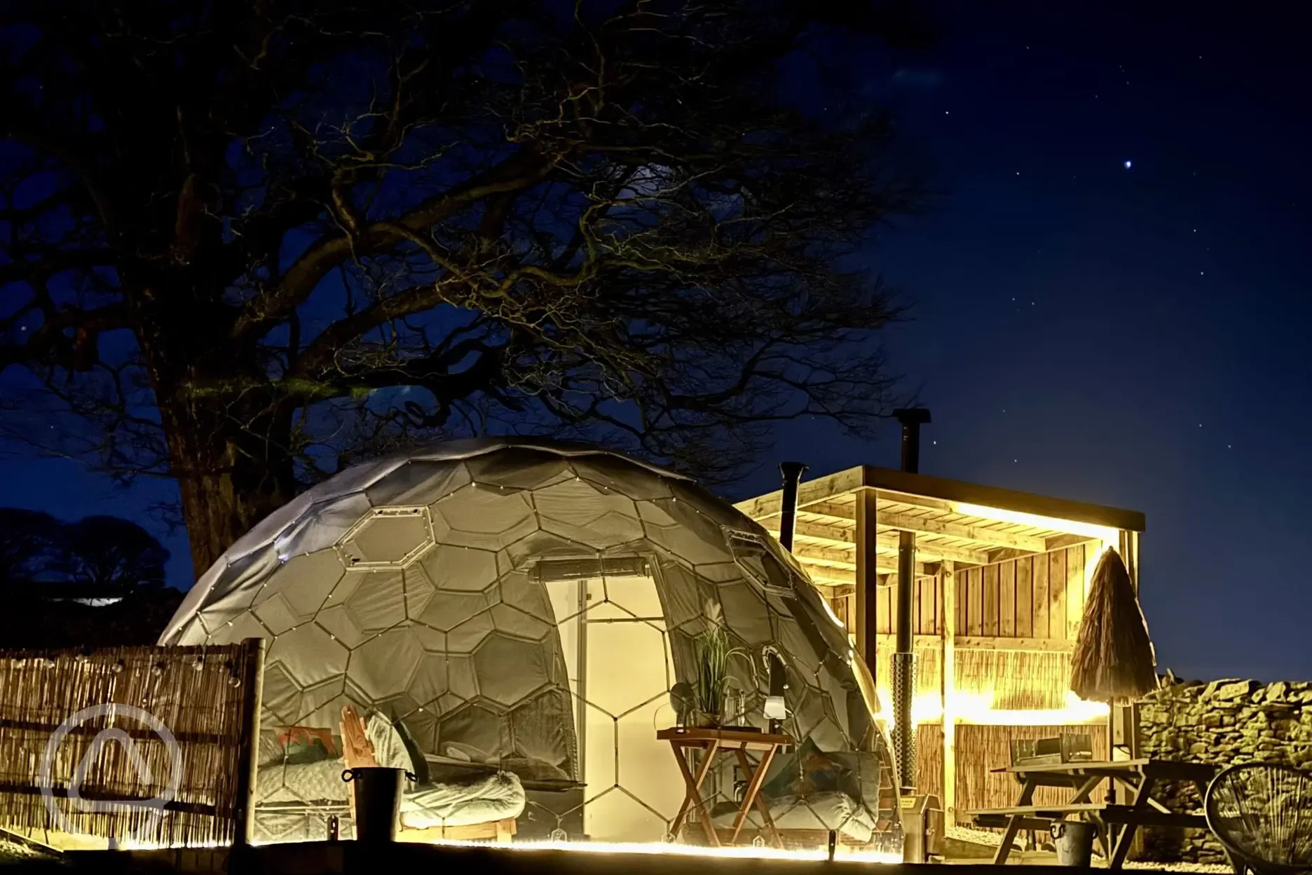 Glamping dome at night