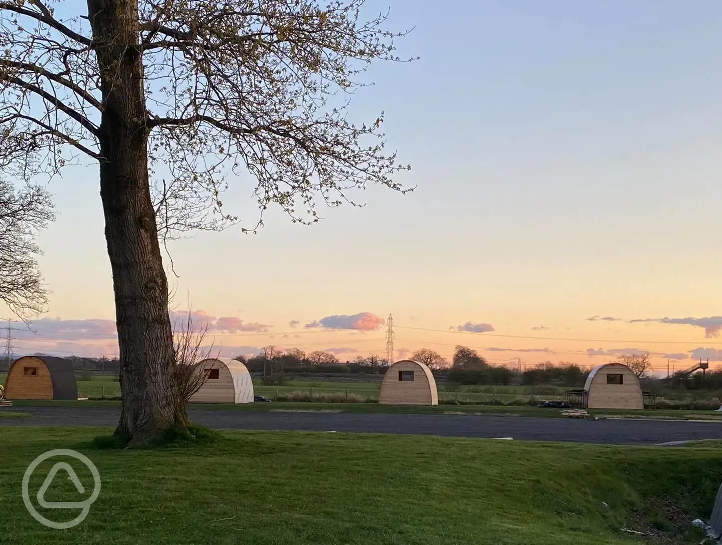 Glamping pods at sunset