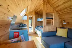 Five person glamping pods with a double bed, single bunk and double sofa bed