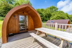 Glamping pod outdoor deck and picnic bench