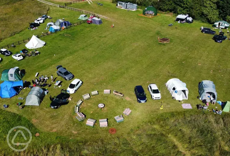 Aerial view of the pitches and glamping units at Greenacres Campsite