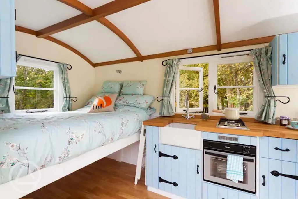 Woodland ensuite shepherd's hut interior