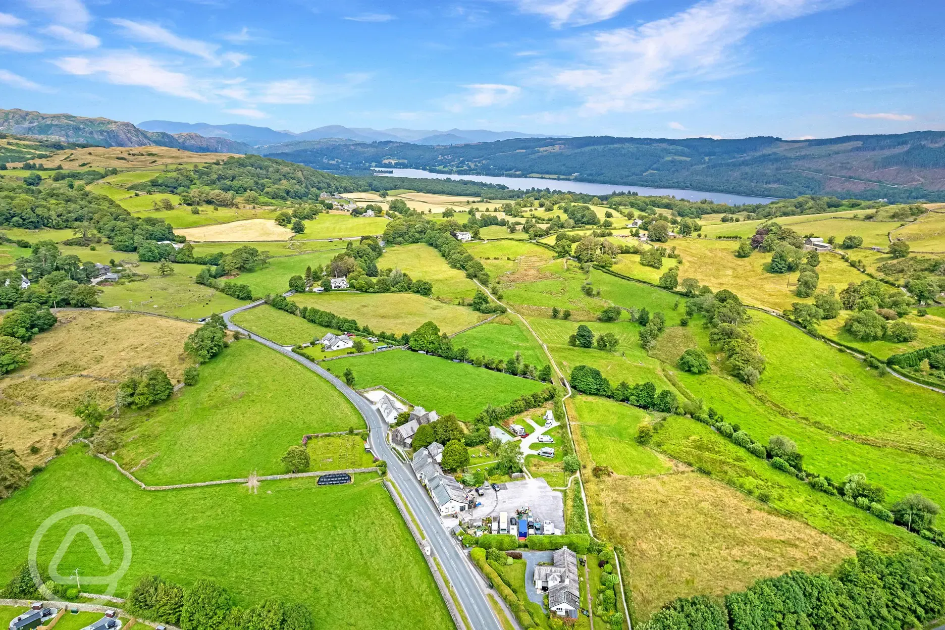 Aerial view of The Church House overlooking the Lake District and Coniston water