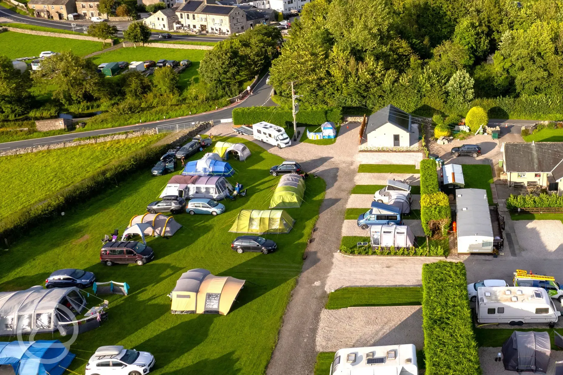 Aerial of Little Acre Camping with grass and hardstanding pitches