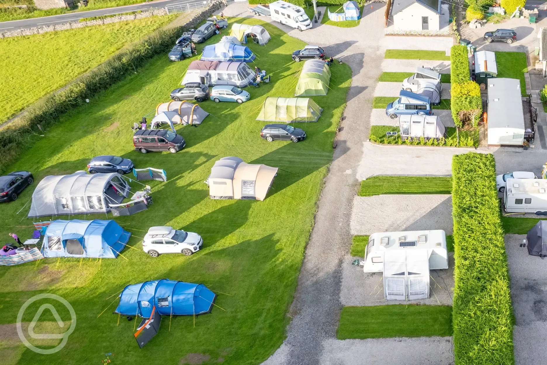 Aerial of Little Acre Camping with grass and hardstanding pitches