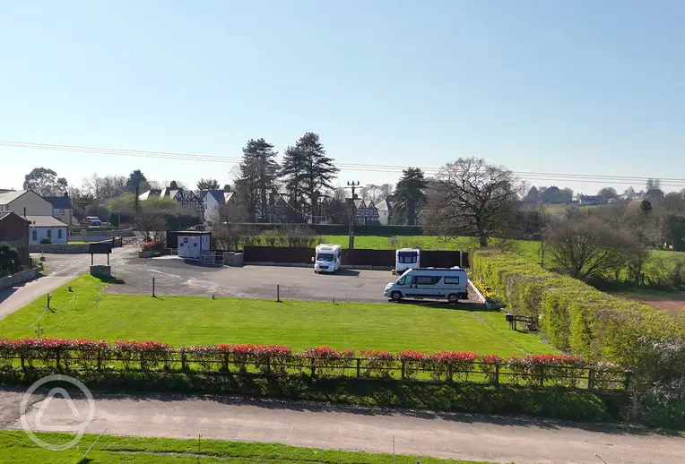 Aerial of Vishwell Farm with grass and hardstanding pitches