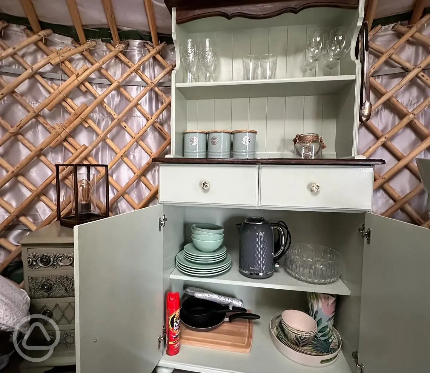 Horse Chestnut yurt with hot tub kitchen cupboard