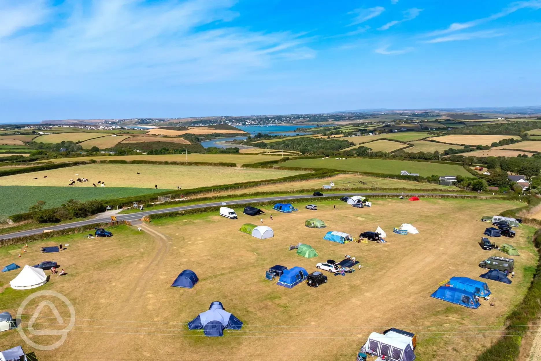 Aerial of the campsite with views over Padstow and the estuary