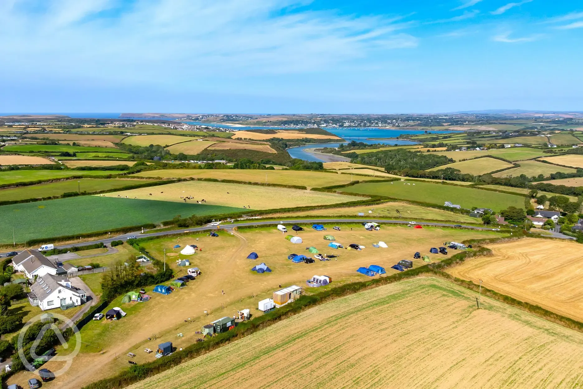 Aerial of the campsite with views over Padstow and the estuary