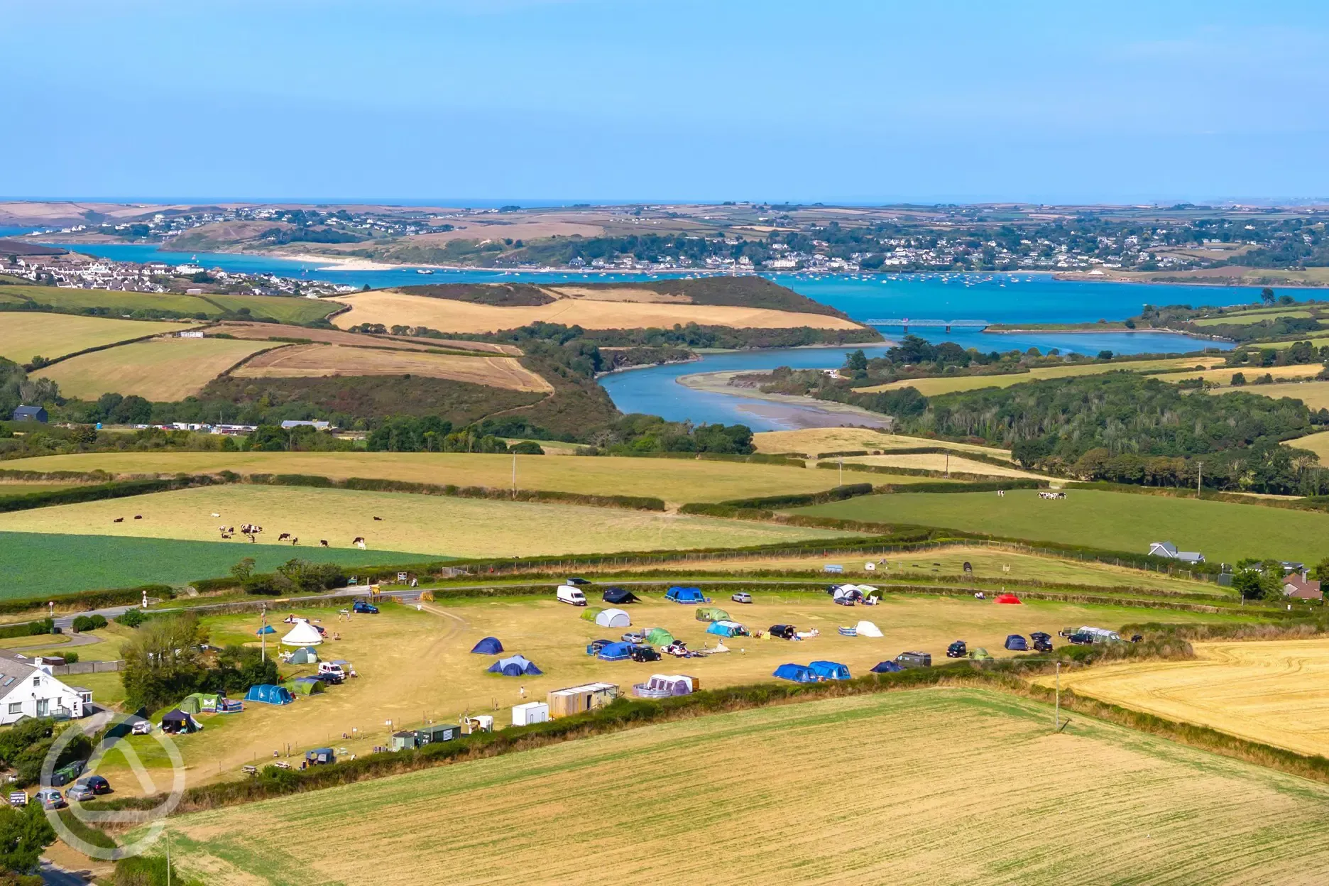 Aerial of the campsite with views over Padstow and the estuary