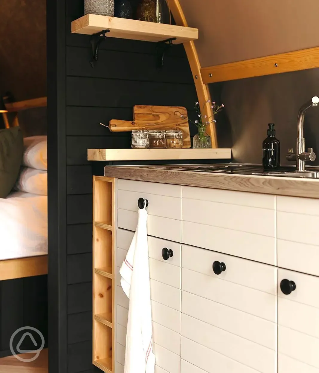 Quarry pod kitchenette with fridge, freezer box, microwave, kettle and toaster