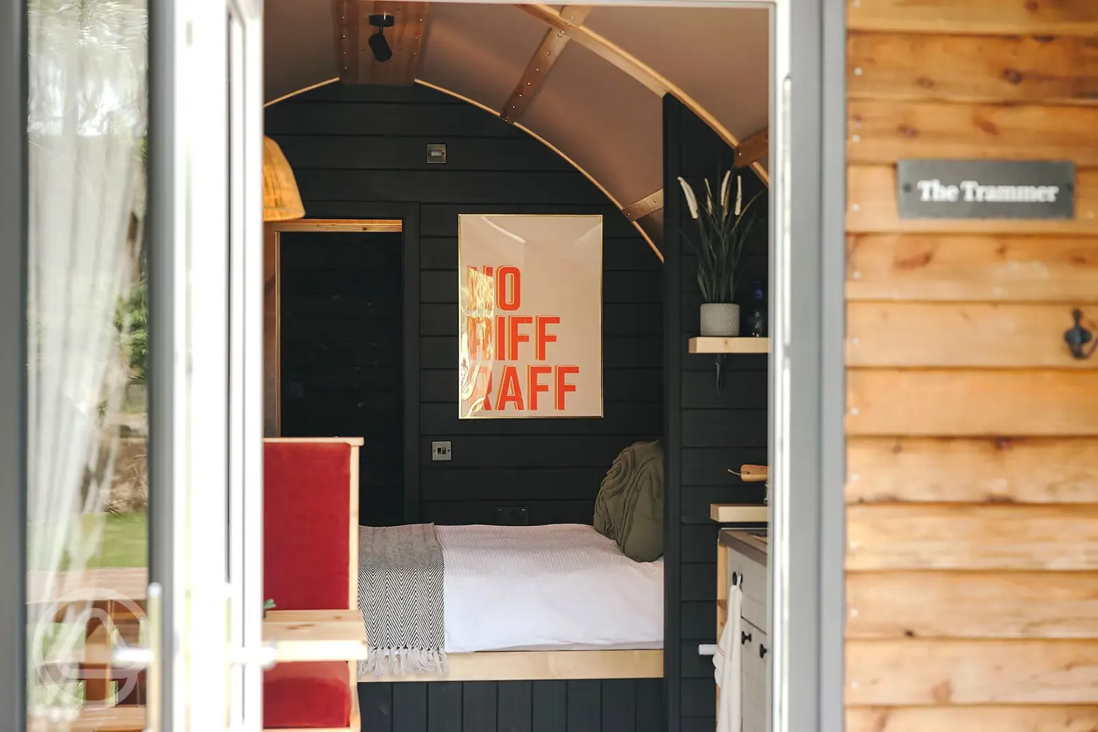 Quarry pod interior with double bed