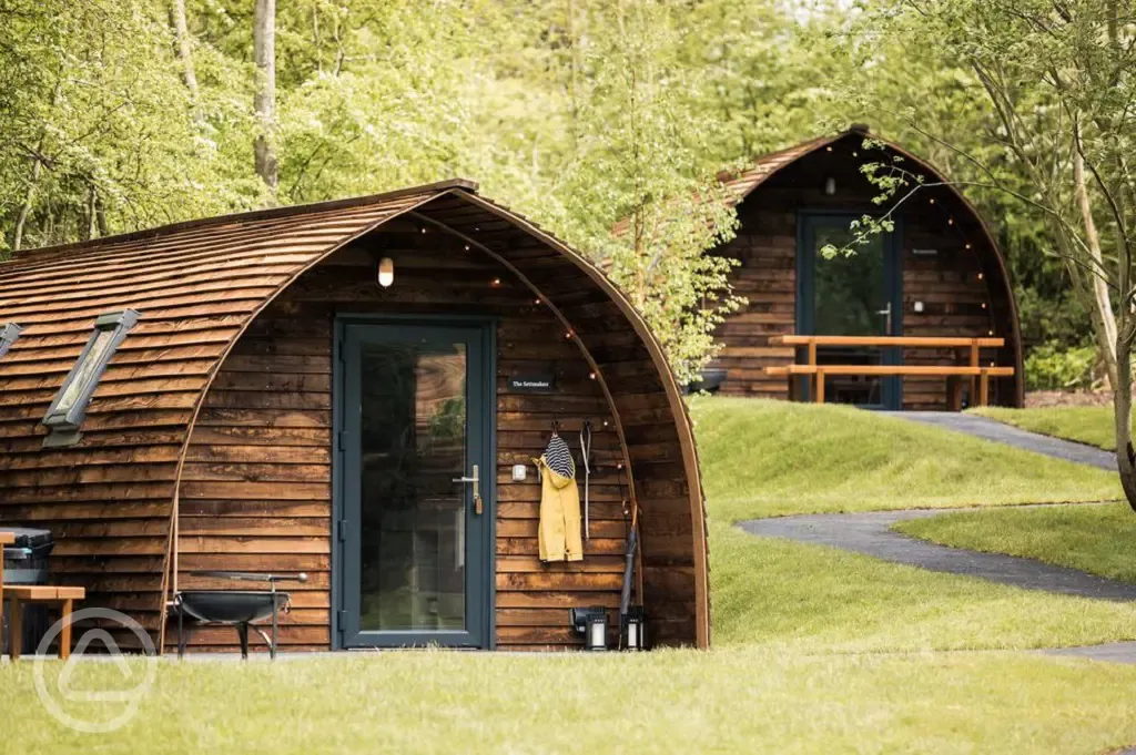 Foxwood pods exterior with private hot tubs and fire pits