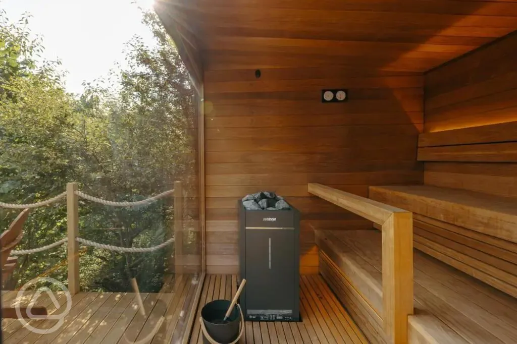 Onsite sauna interior, with woodland views