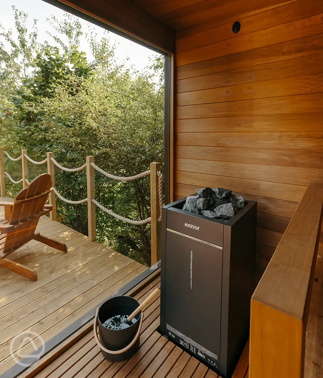 Onsite sauna with views onto the decking area