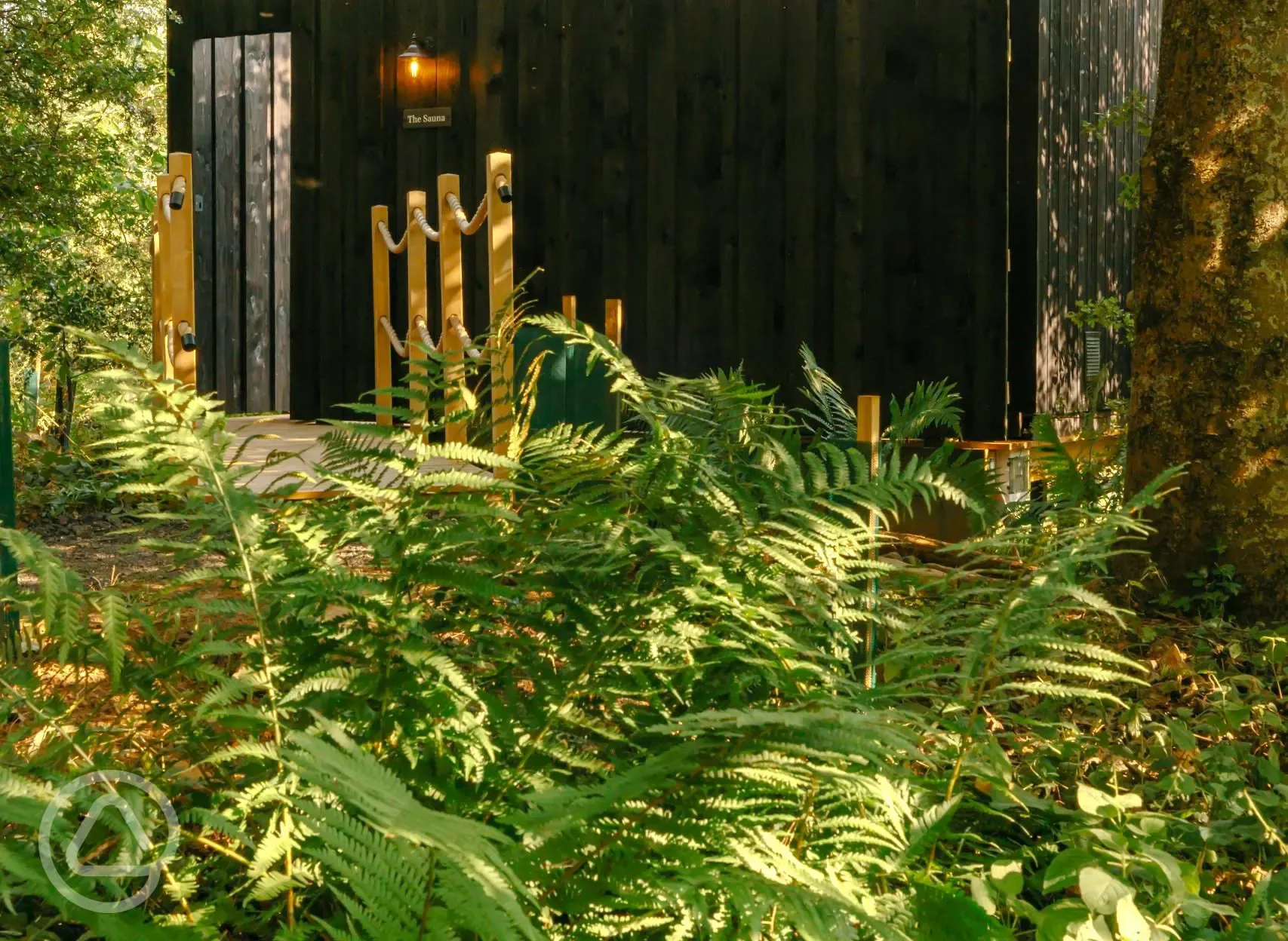 Onsite sauna surrounded by woodland