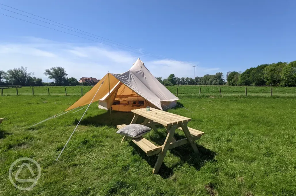 Bell tent with picnic bench