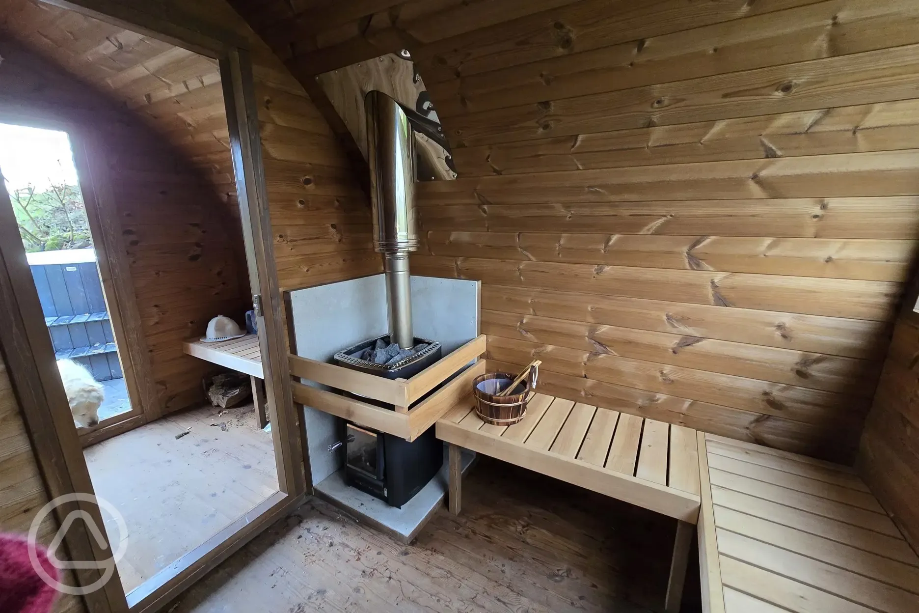 Onsite wood fired sauna interior