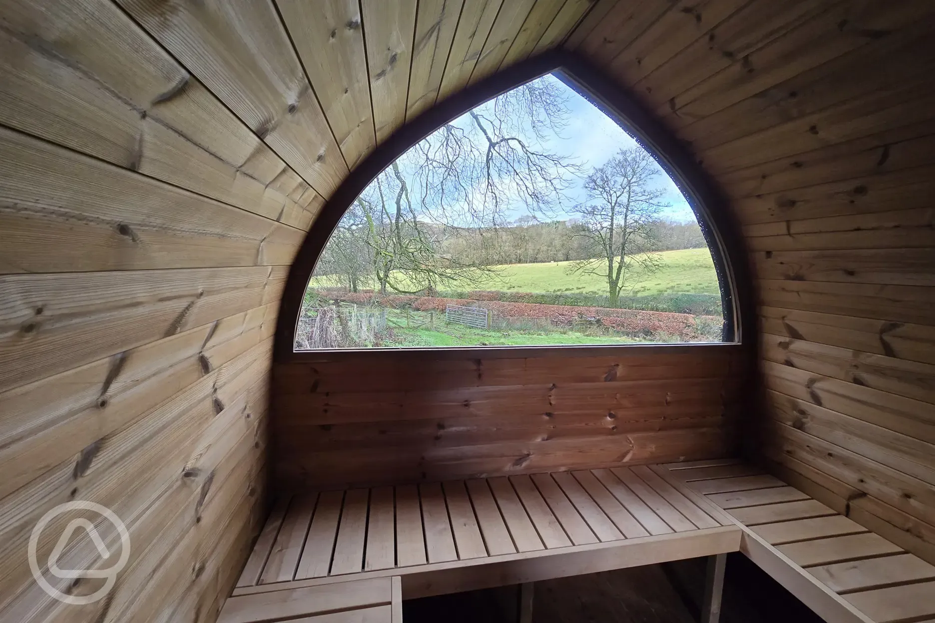 Onsite wood fired sauna with countryside view