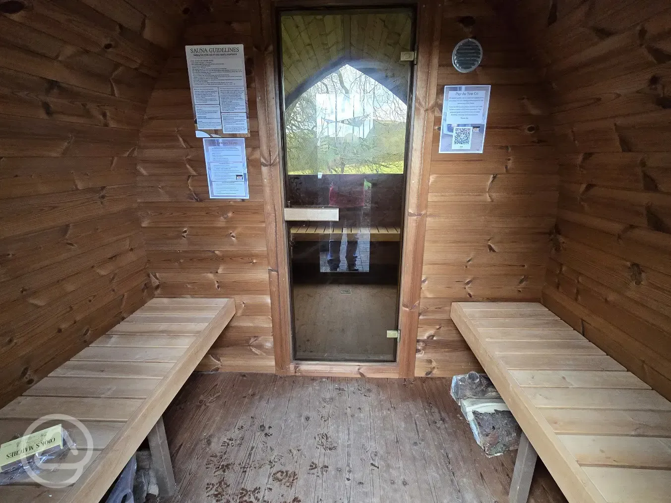 Onsite wood fired sauna changing room