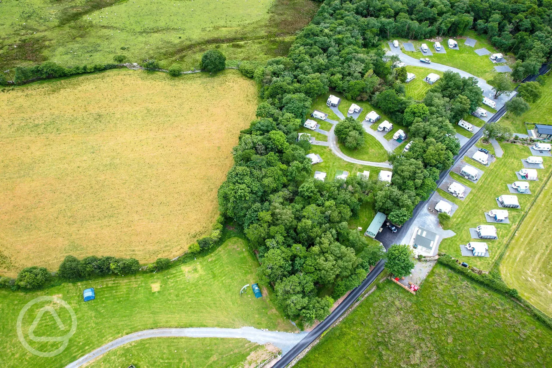 Birds eye view of Tros Y Waen Holiday Park surrounded by fields