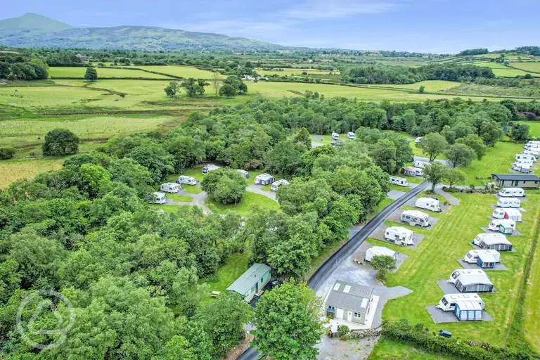 Aerial of the campsite and mountains