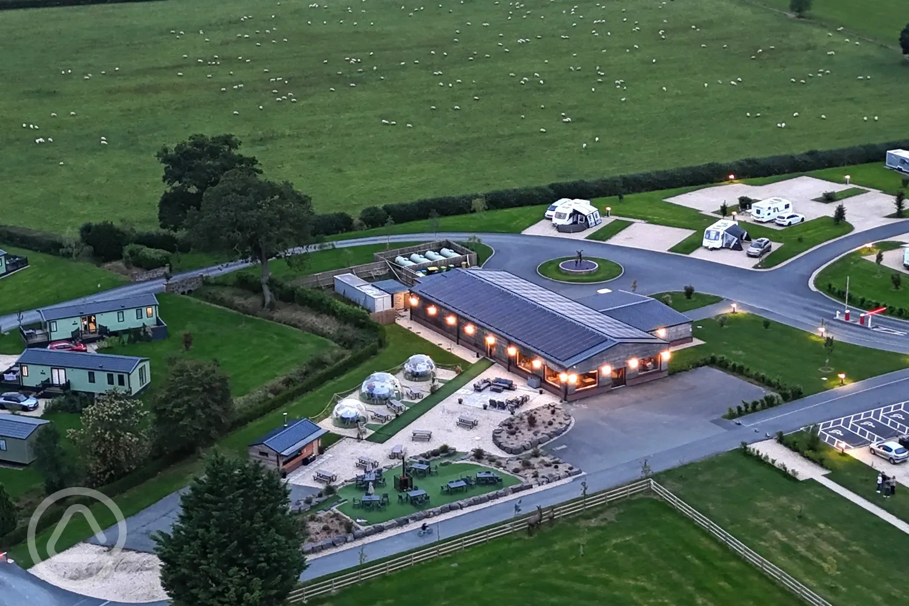 Aerial of the Arthurs Restaurant and Bar at dusk