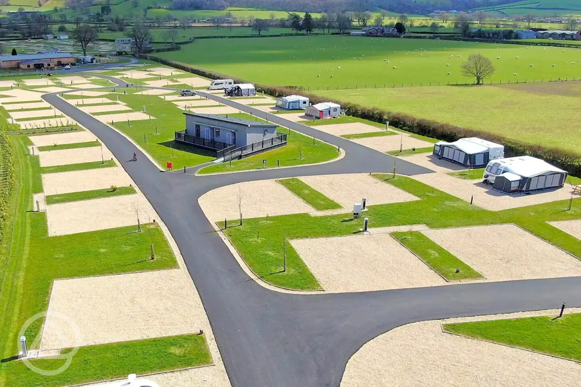 Aerial of Meadow Springs Country and Leisure Park with hardstanding pitches