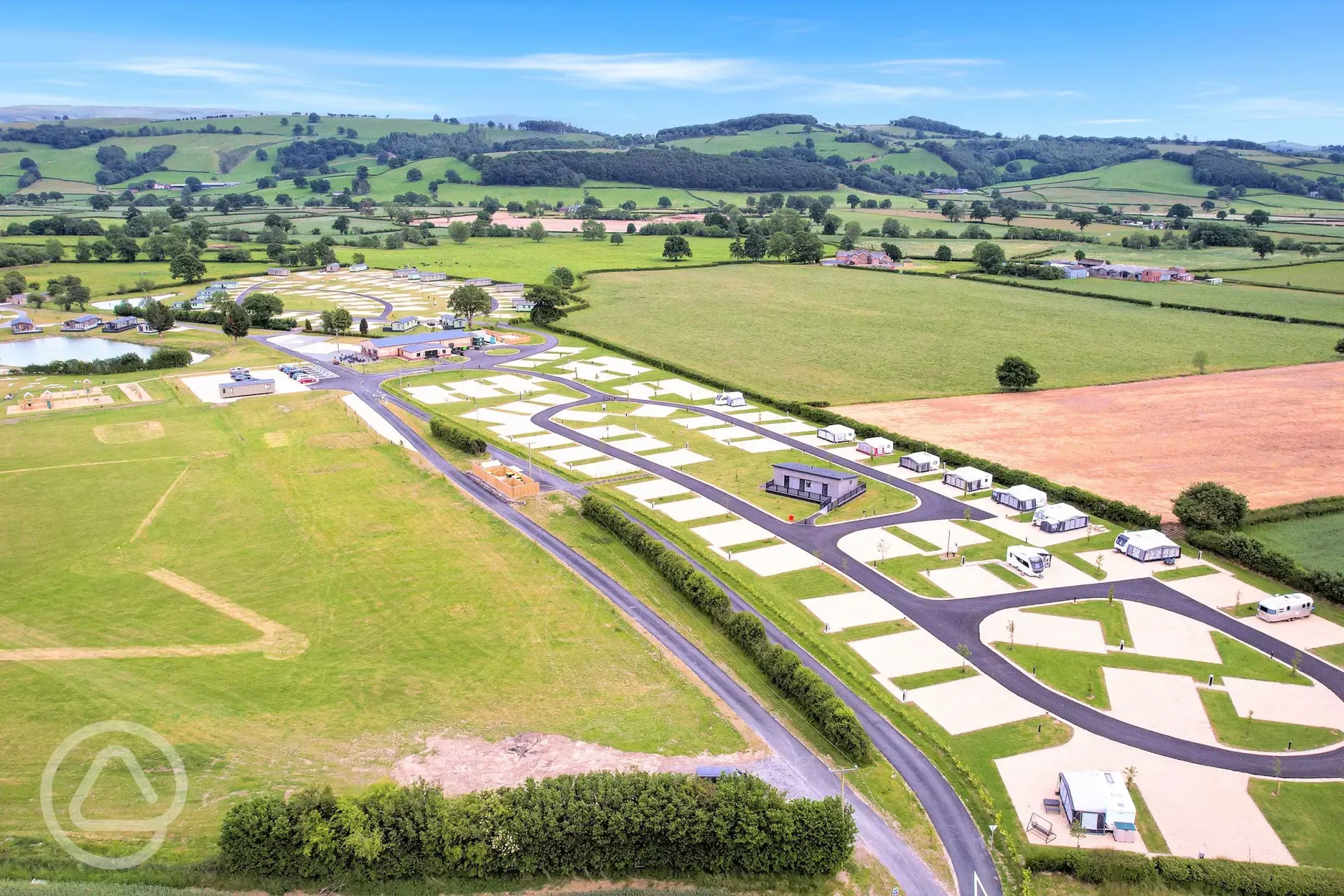 Aerial of the campsite with views of the Trannon Valley