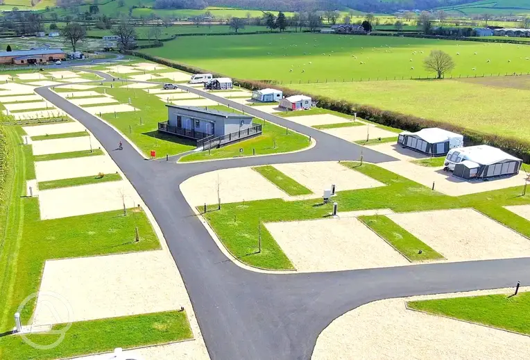 Aerial of Meadow Springs Country and Leisure Park with hardstanding pitches
