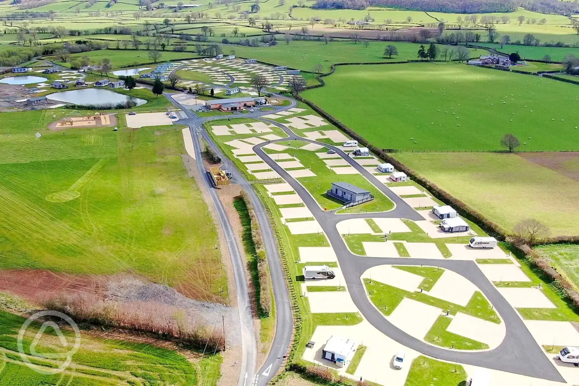 Aerial of the campsite with views of the Trannon Valley