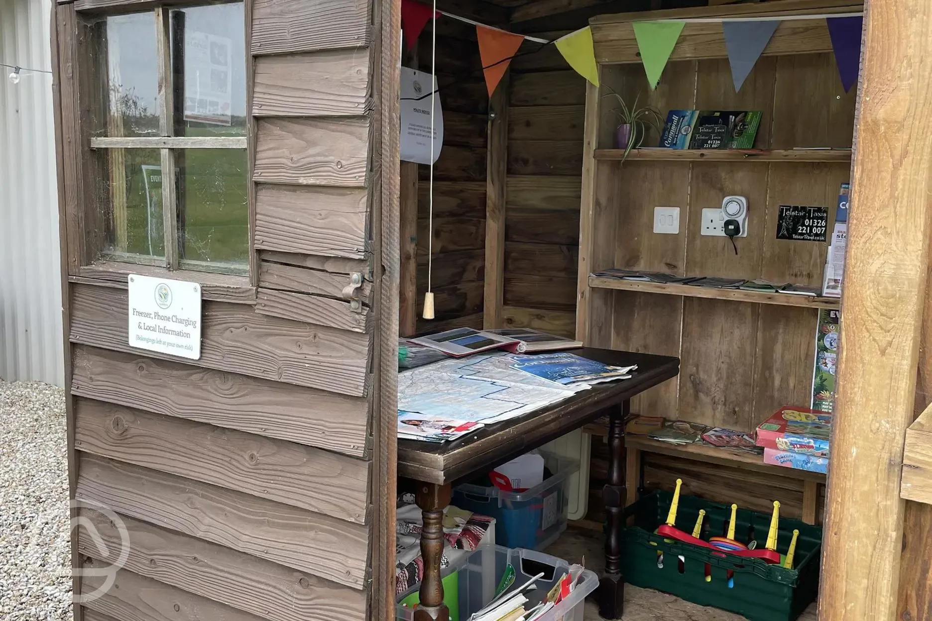 handy shed- sockets to charge phones, info leaflets , games