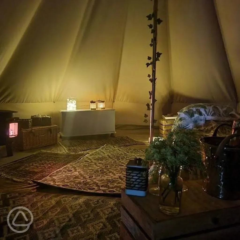 Inside the bell tents at night