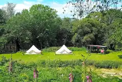 View of the two bell tents on raised decking beside the communal area