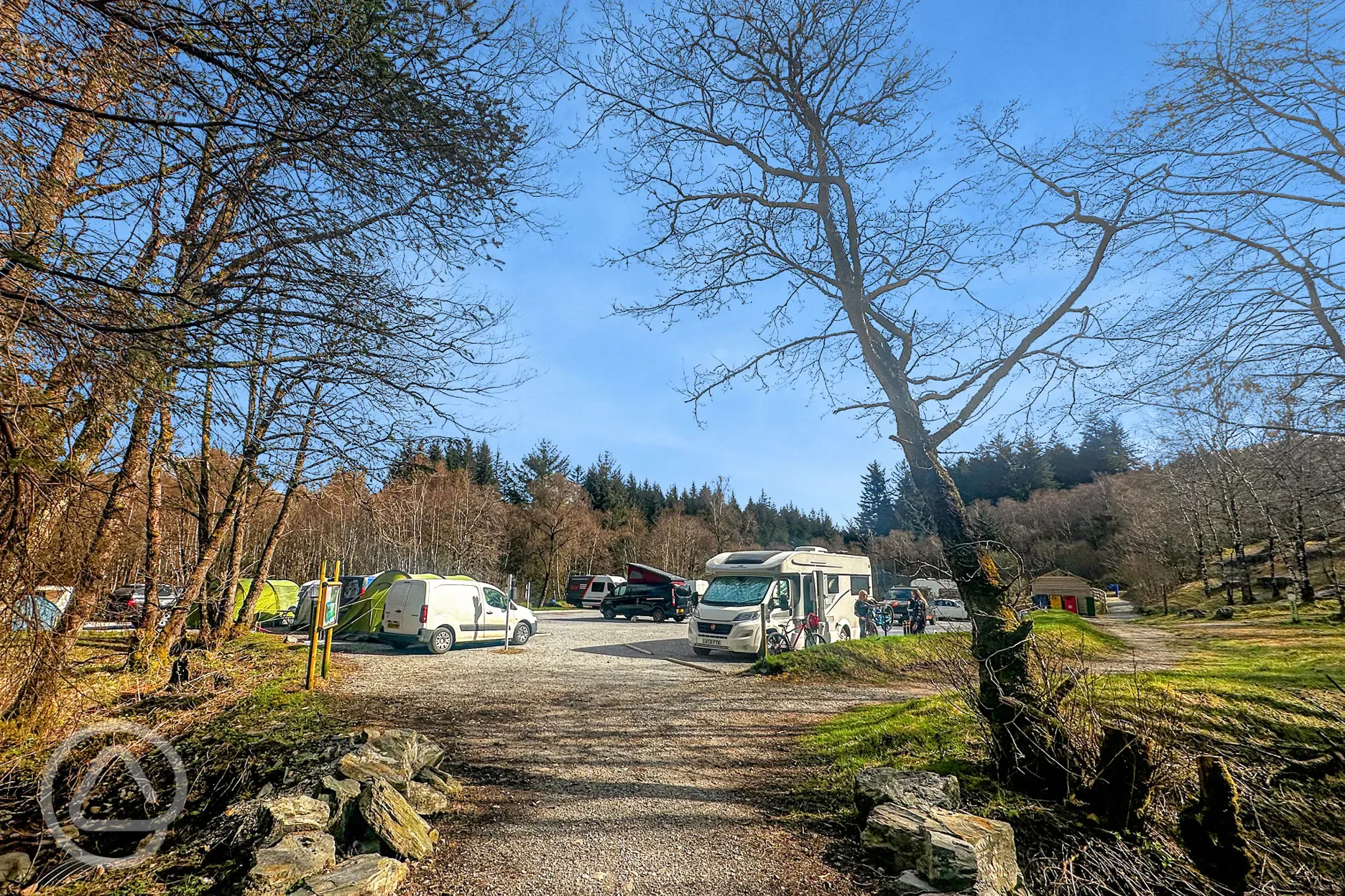 Electric hardstanding pitches with woodland surrounding the park