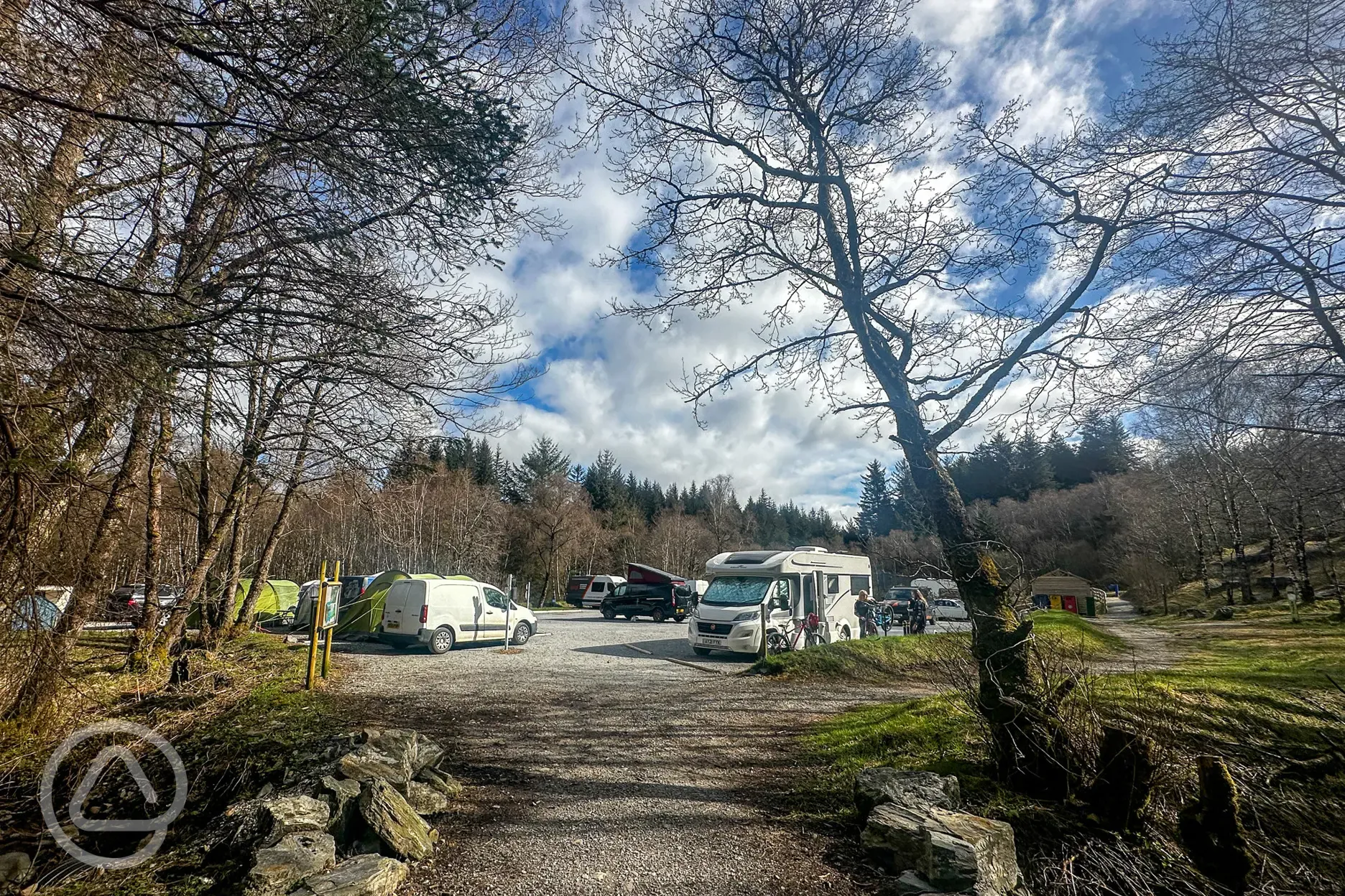 Electric hardstanding pitches with woodland surrounding the park