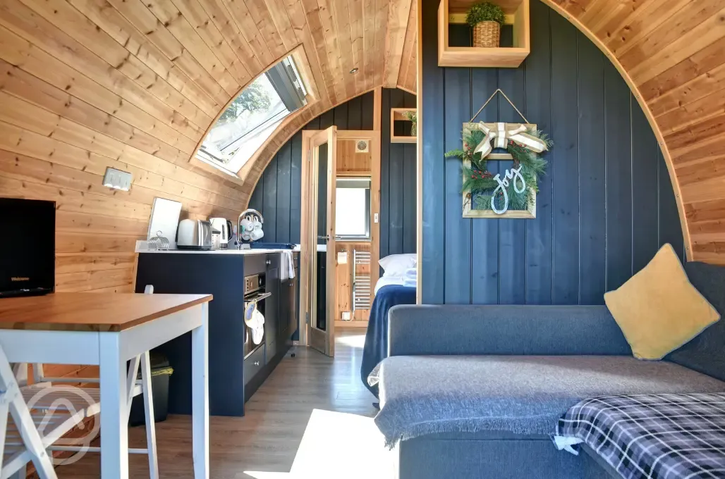 Glamping pod with hot tub interior